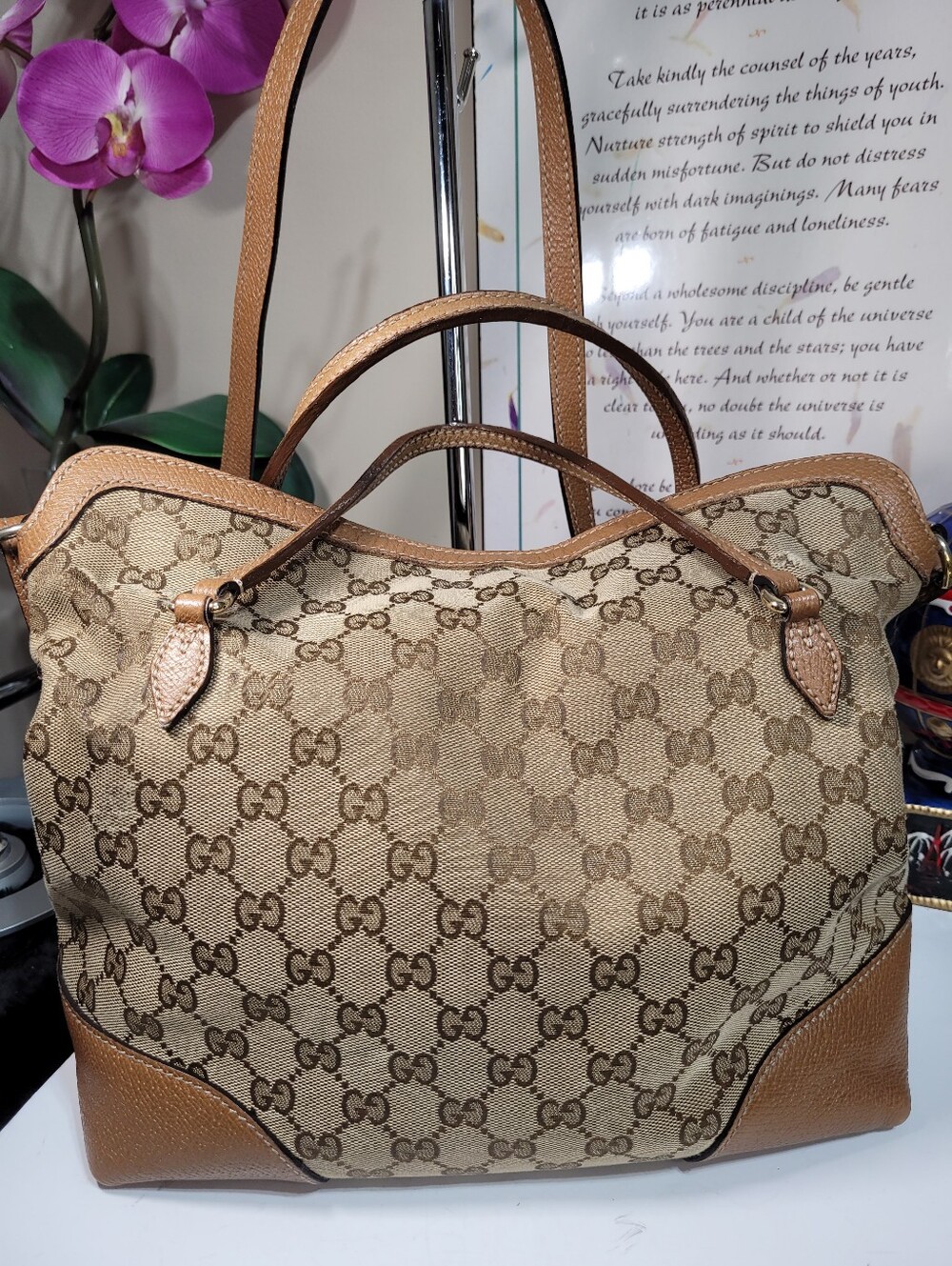 Gucci Beige Brown GG Canvas Tote with Tan Leather Trim